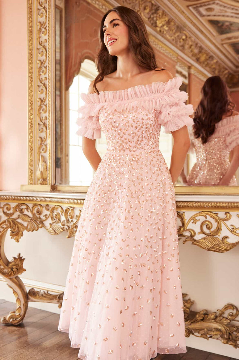 Autumn Leaves Off-Shoulder Ballerina Dress – Pink | Needle