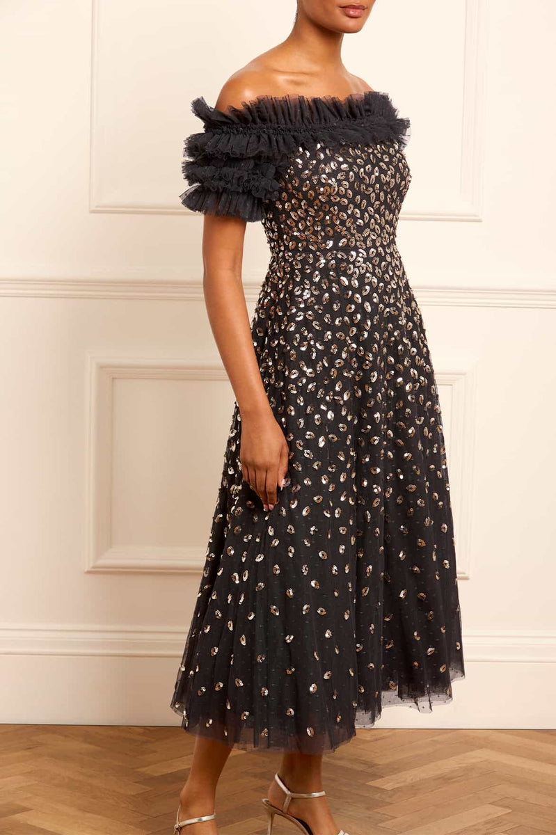 Autumn Leaves Off-Shoulder Ballerina Dress – Black | Needle