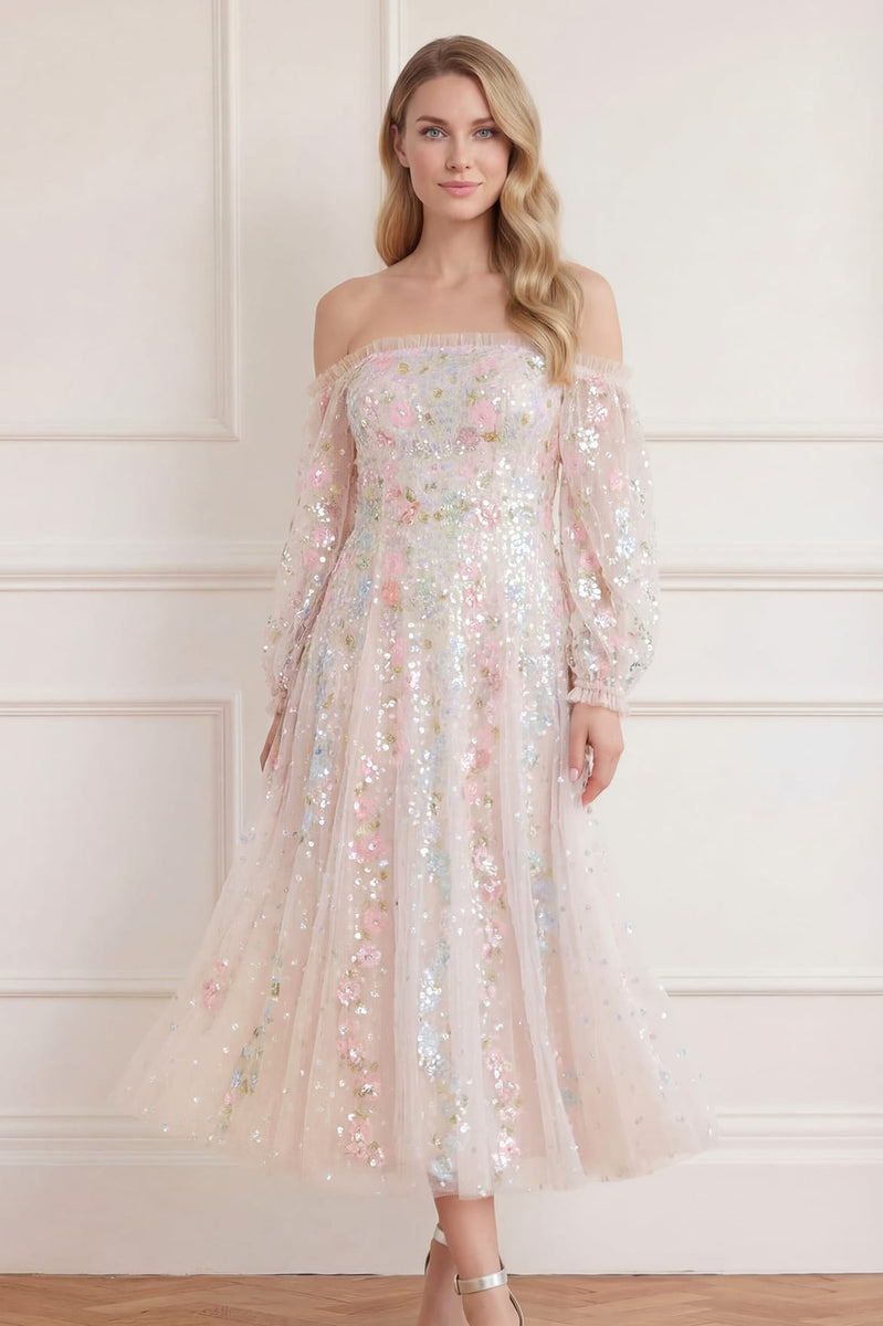 Confetti Gloss Off-Shoulder Ballerina Dress – Cream