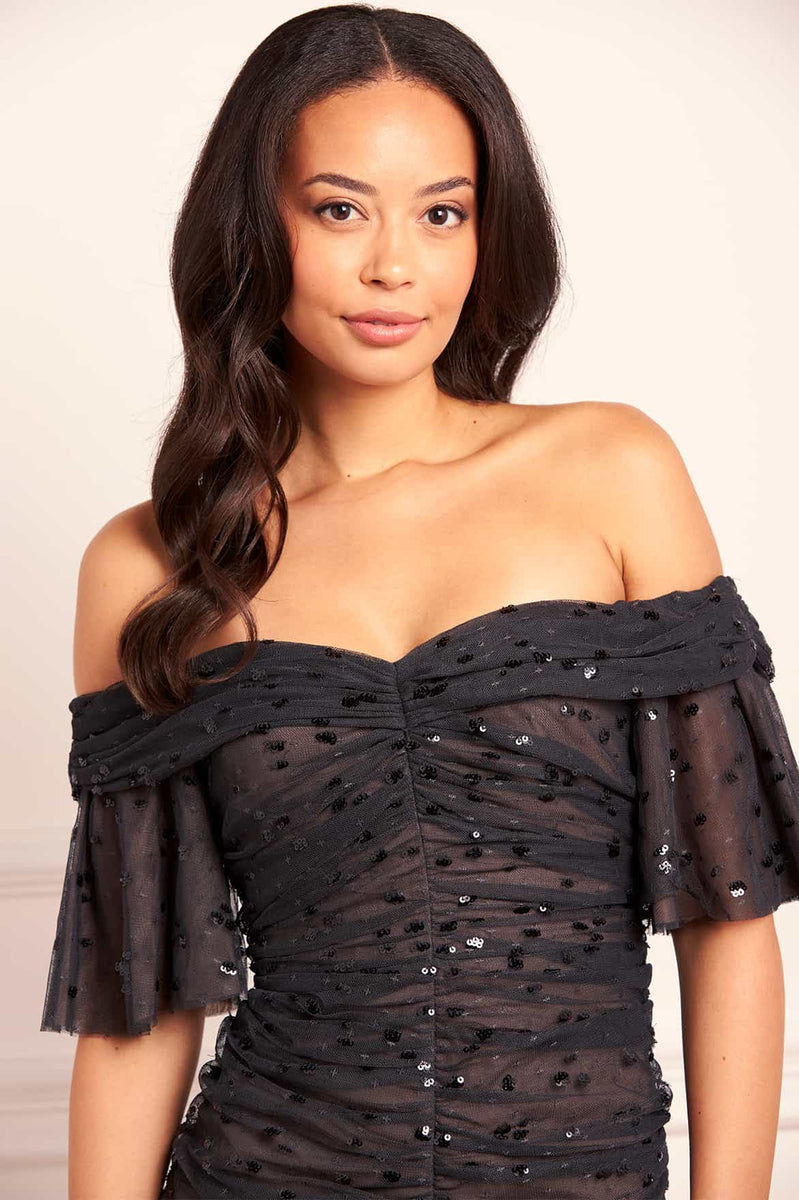 Dappled Sequin Rouched Off-Shoulder Gown Black | Needle & Thread Dappled Sequin Rouched Off-Shoulder Gown Black | Needle & Thread