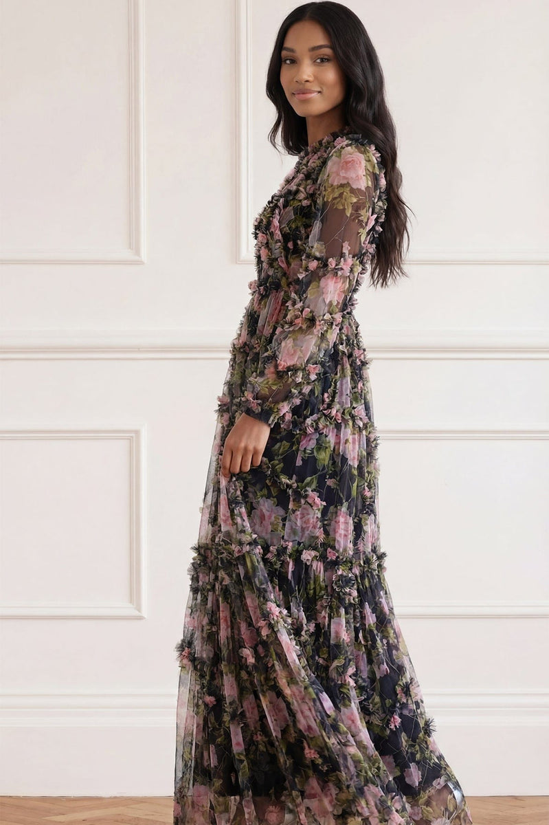 ワンピース theredthread S ruffle chiffon long dress English Rose Diamond Ruffle Gown – Black | Needle & Thread