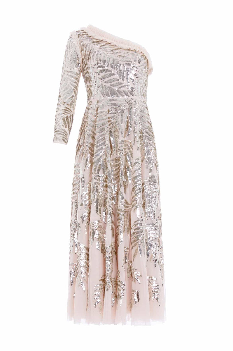 Sequin Gown With Feather Straps
