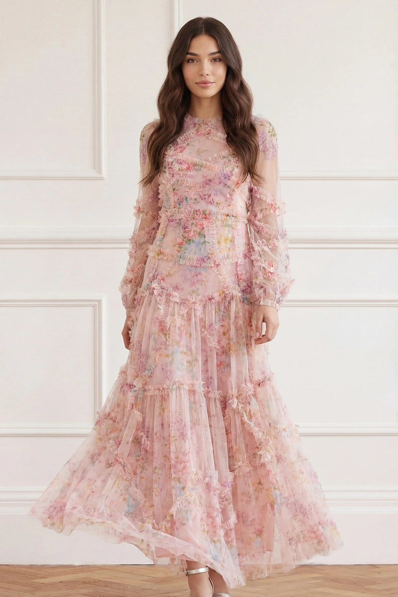 Floral Diamond Ruffle Gown – Multi