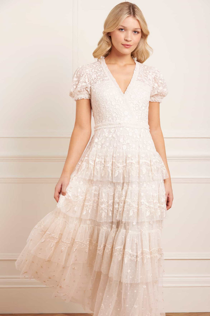 knee length dresses for ladies Layered Lace Ankle Gown – Cream