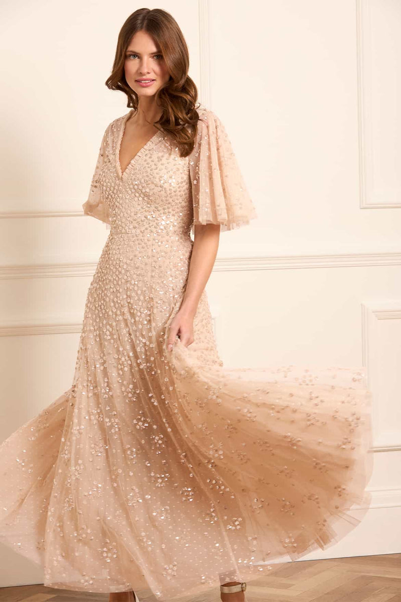 green emerald velvet dress Chic and Holland HF110301 - Sheer Cape Sleeve Evening Dress 24 / Mauve/Silver