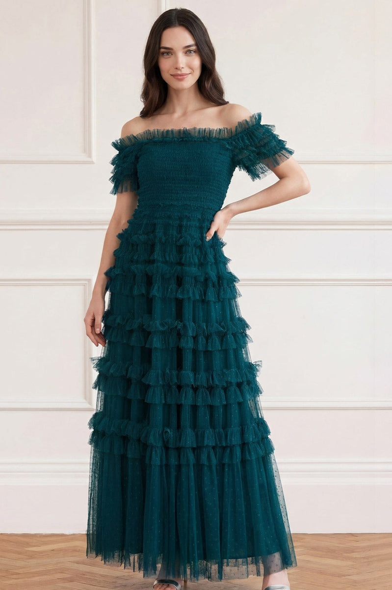 Lisette Ruffle Off Shoulder Gown Green | Needle & Thread Lisette Ruffle Off Shoulder Gown Green | Needle & Thread