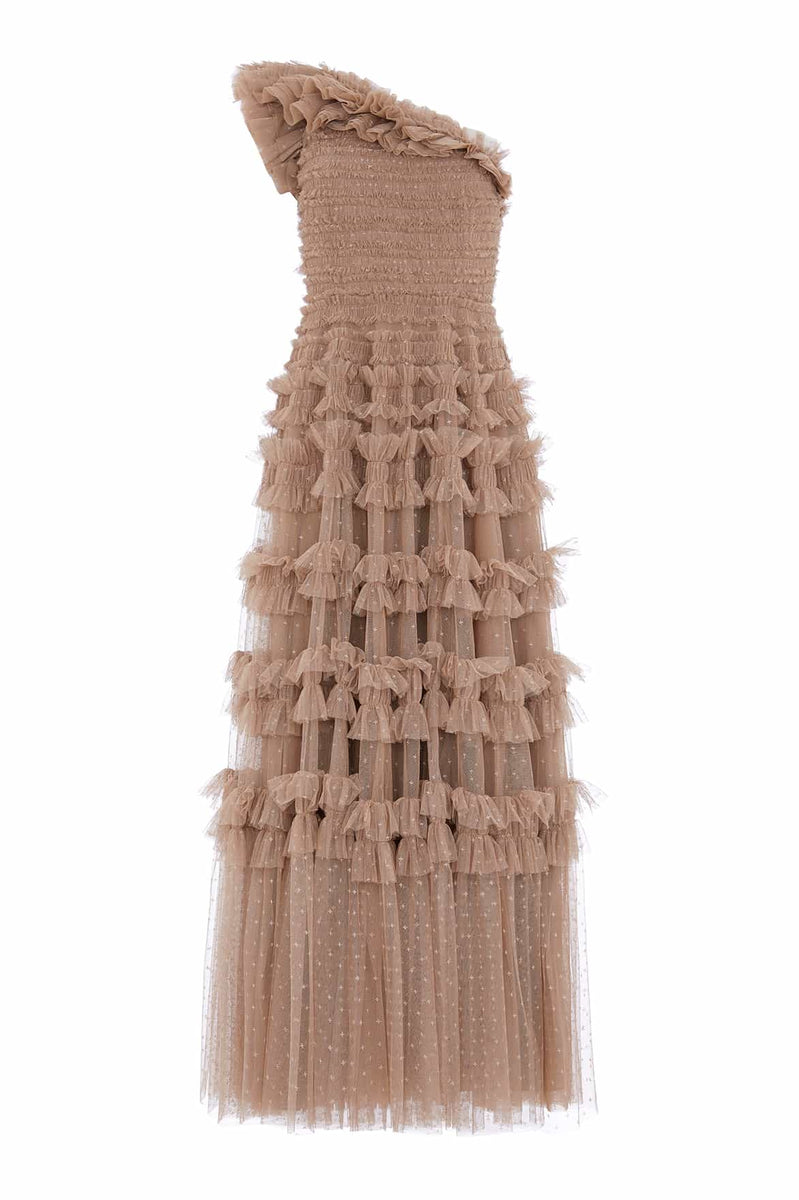 【AAKE】FRILL LAYERED PT Plus White Satin Frill Layered Maxi Dress | Plus Size