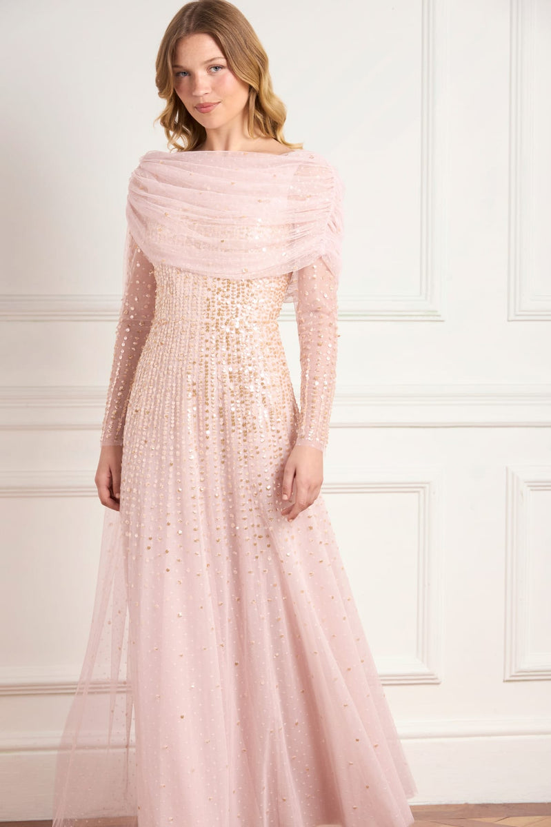 pink sparkly dress long sleeve Moonlight Sequin Draped Gown details:Fringe as well as side How to Wear a Color:Chocolate Peony Print
