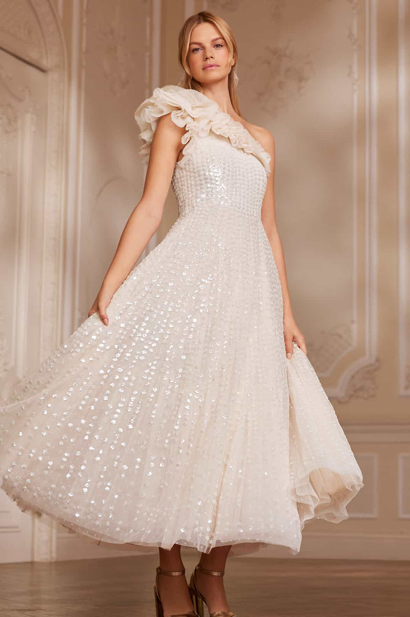 one shoulder tea length wedding dress