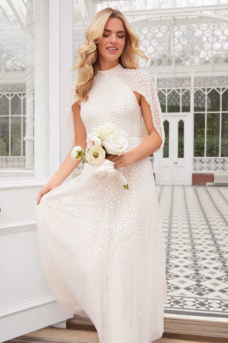 scallop sequin dress Scallop Sequin Cape Ankle Gown