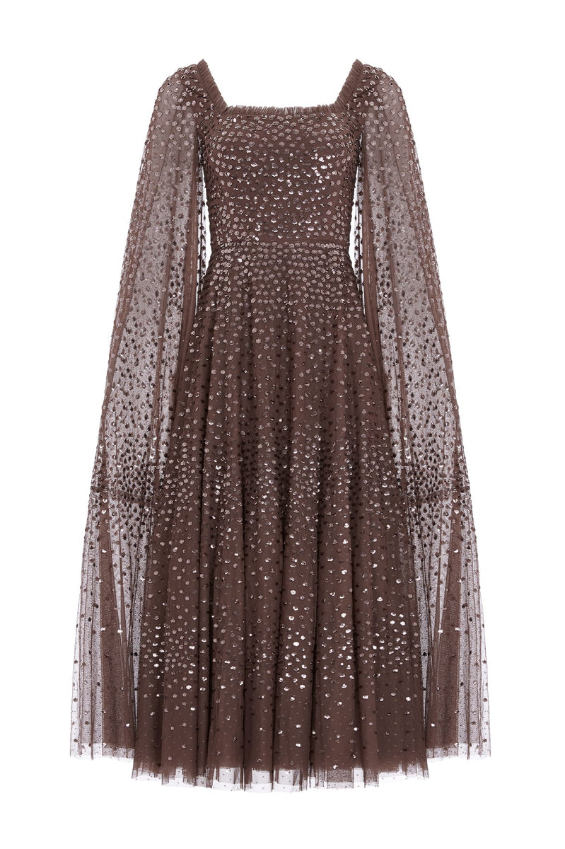 Scatter Dot Cape Sleeve Ankle Gown – Brown | Needle & Thread