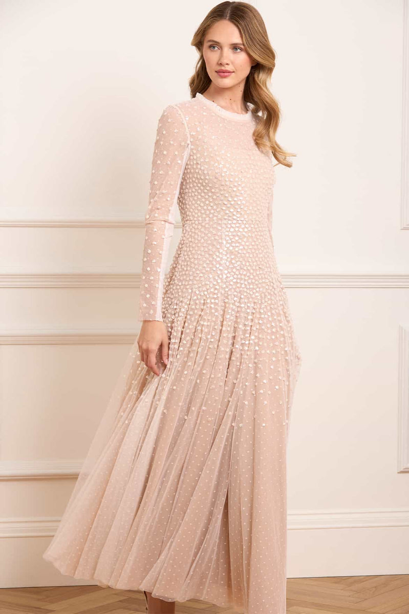 Sequin Cascade Round Neck Gown – Cream