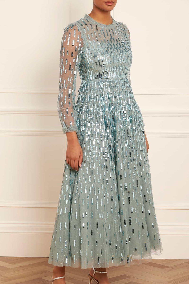 Sequin Dash Long Sleeve Ankle Gown – Green | Needle & Thread