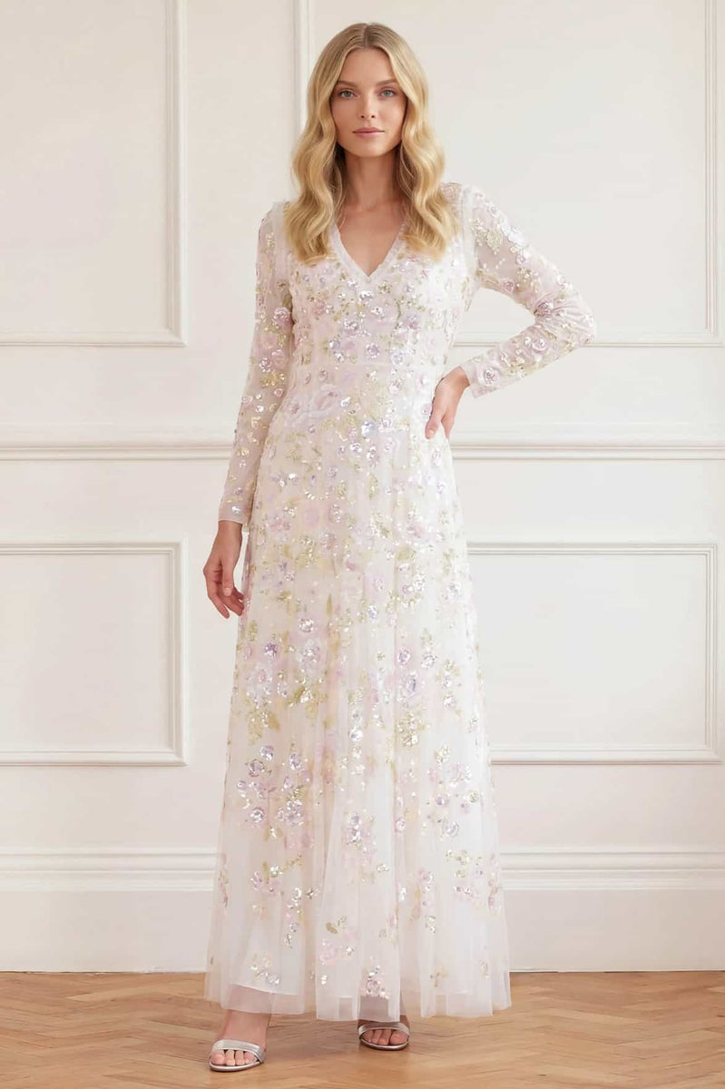 white sequin evening dress Paradise V-Neck Gown Reactivate Pleated1 Pisarro Nights Women's Sequin Size:X LARGE