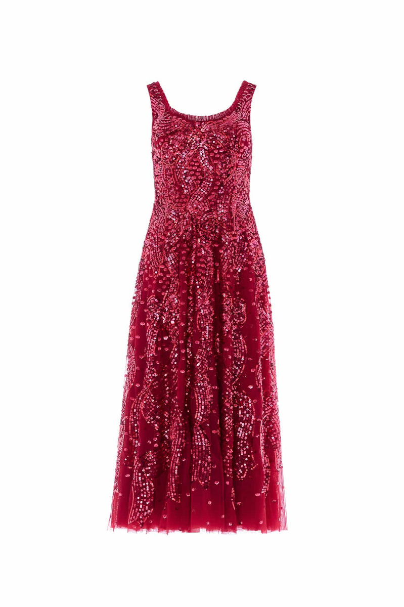 Sequin Ribbon Scoop Neck Ballerina Dress – Red