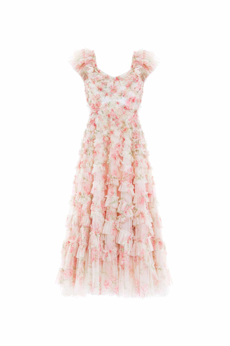 Magnolia Ditsy Lola Ballerina Floral Ruffles Evening Dress in Blue