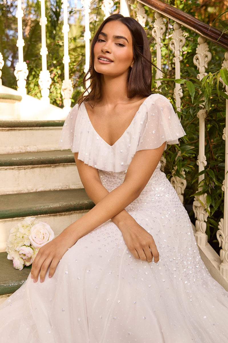 Sunrise Sequin V-Neck Ankle Gown – White