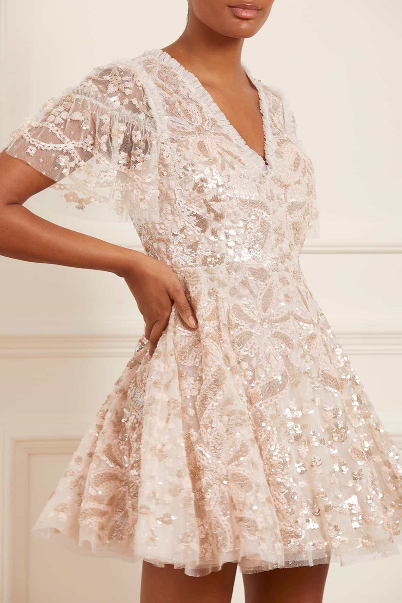 ワンピース NEEDLE & THREAD Mini dress with sequins embroidery Blu TRAILINGBOWMICROMINIDRESS-