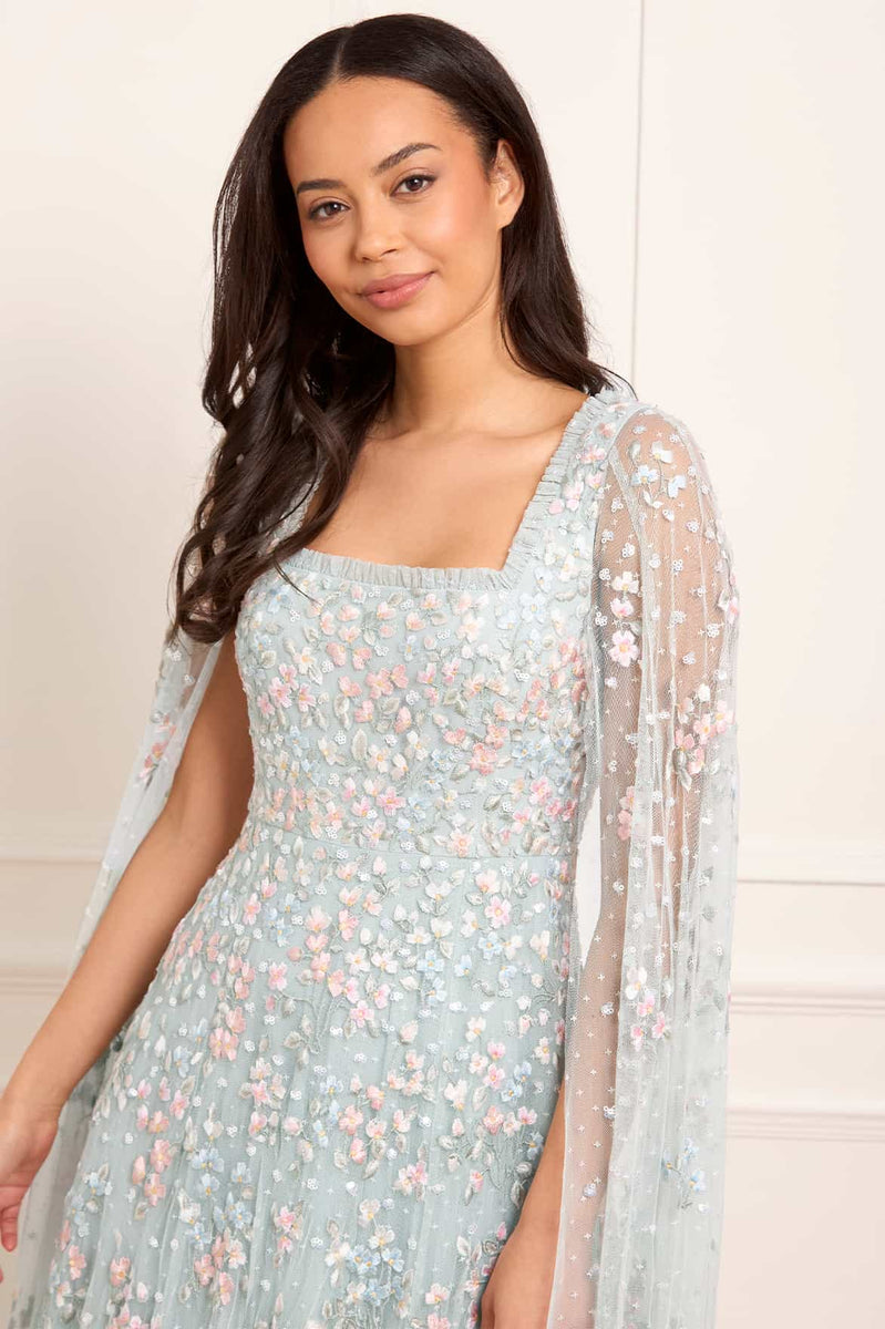 Versailles Ditsy Cape Sleeve Ankle Gown Blue | Needle & Thread Versailles Ditsy Cape Sleeve Ankle Gown Blue | Needle & Thread