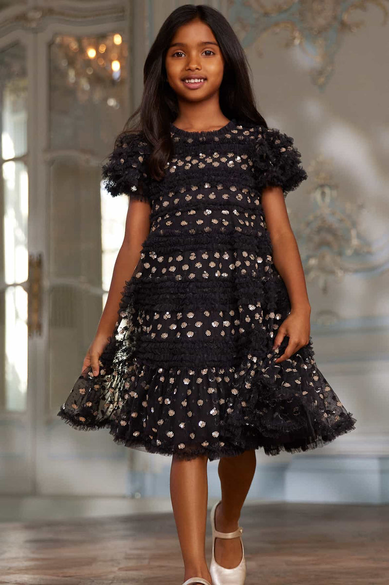 Young Girl's Black Dress with Gold Lace