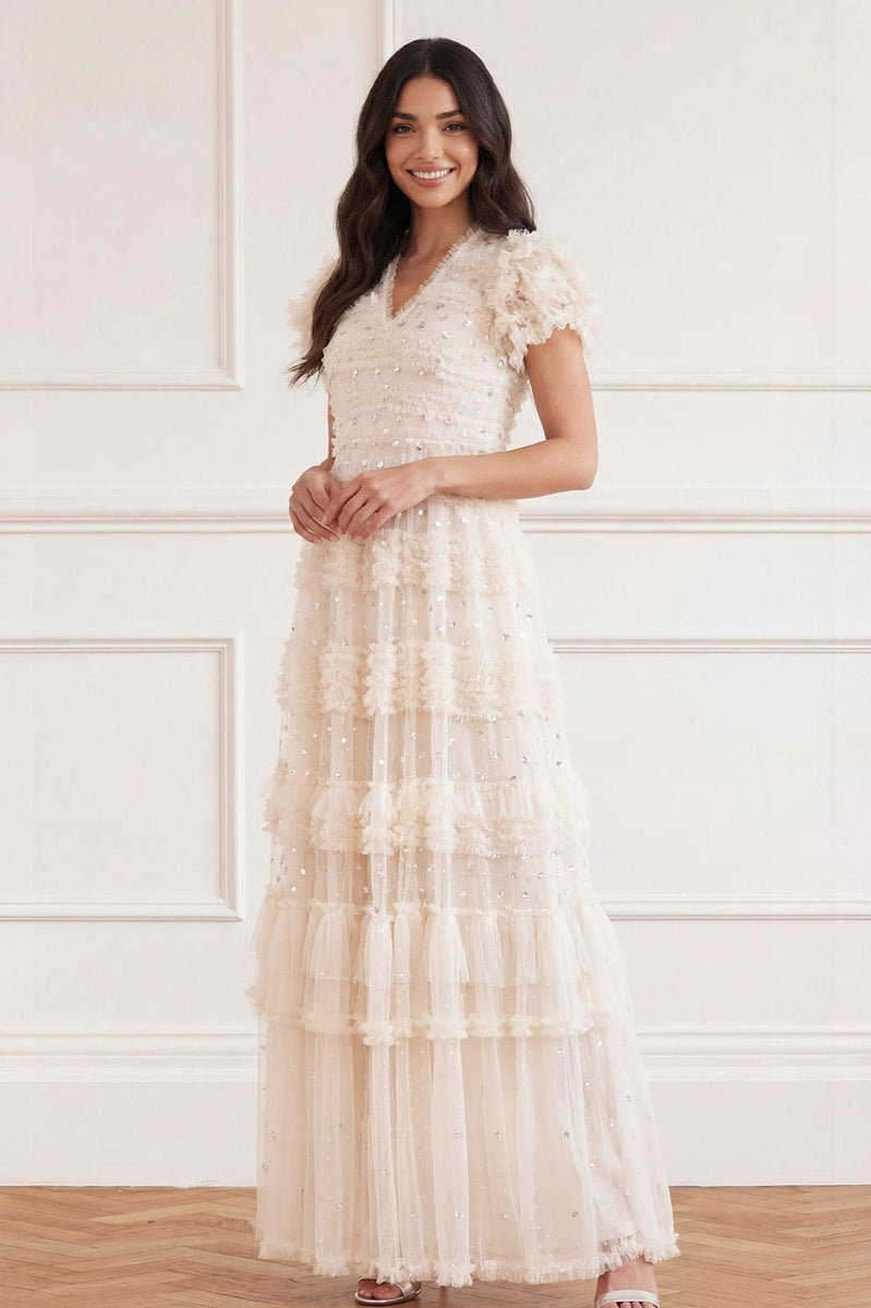 Vivian V-Neck Gown – Champagne | Needle & Thread