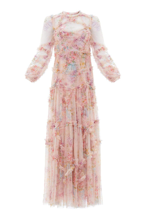 Floral Diamond Ruffle Gown - Pink