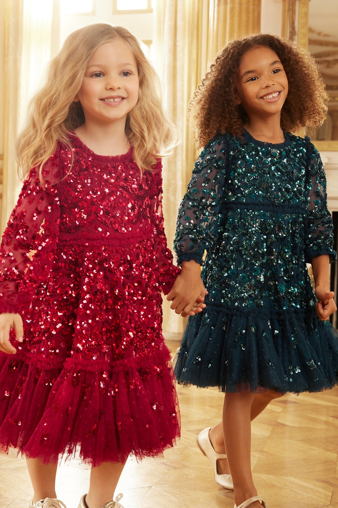 Kid's A-Line Dress Tulle Embroidered with Sequins and Printed with