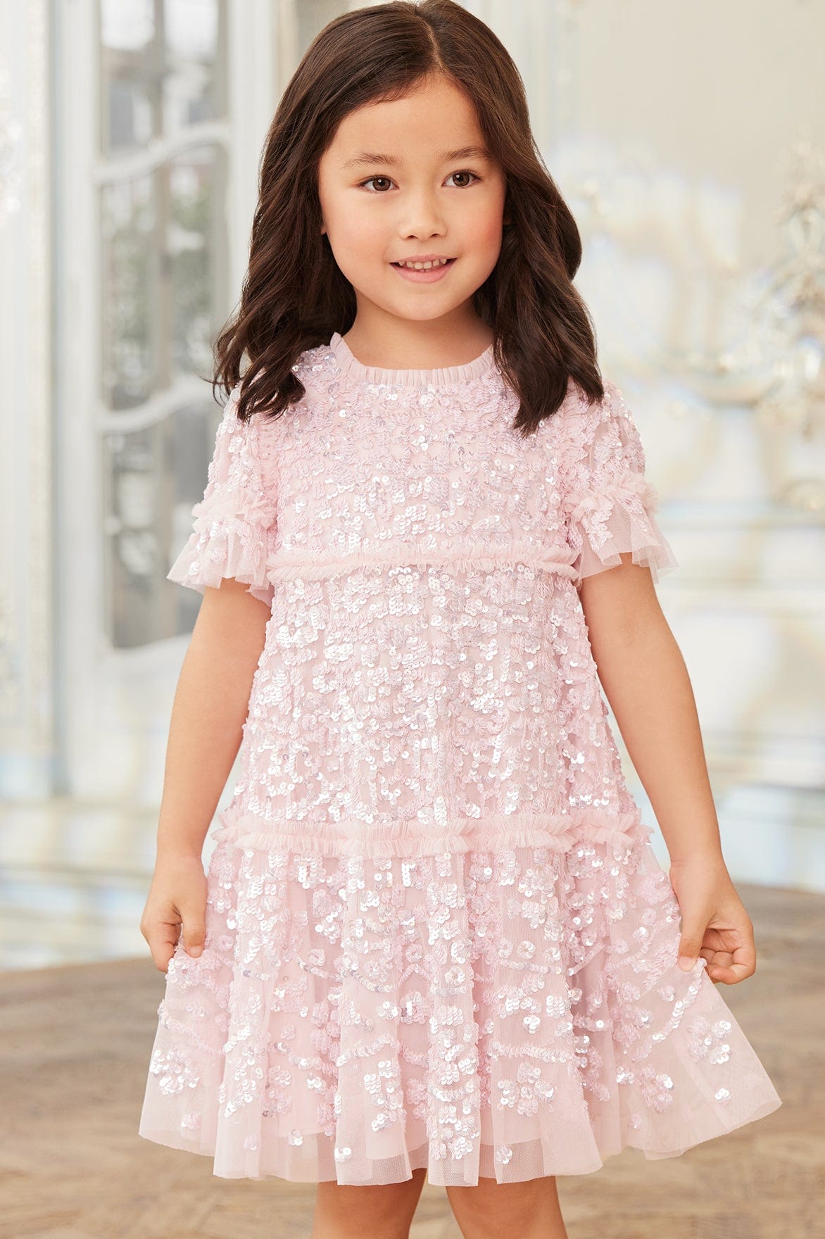 Annie Sequin Short Sleeve Kids Dress – Pink | Needle & Thread