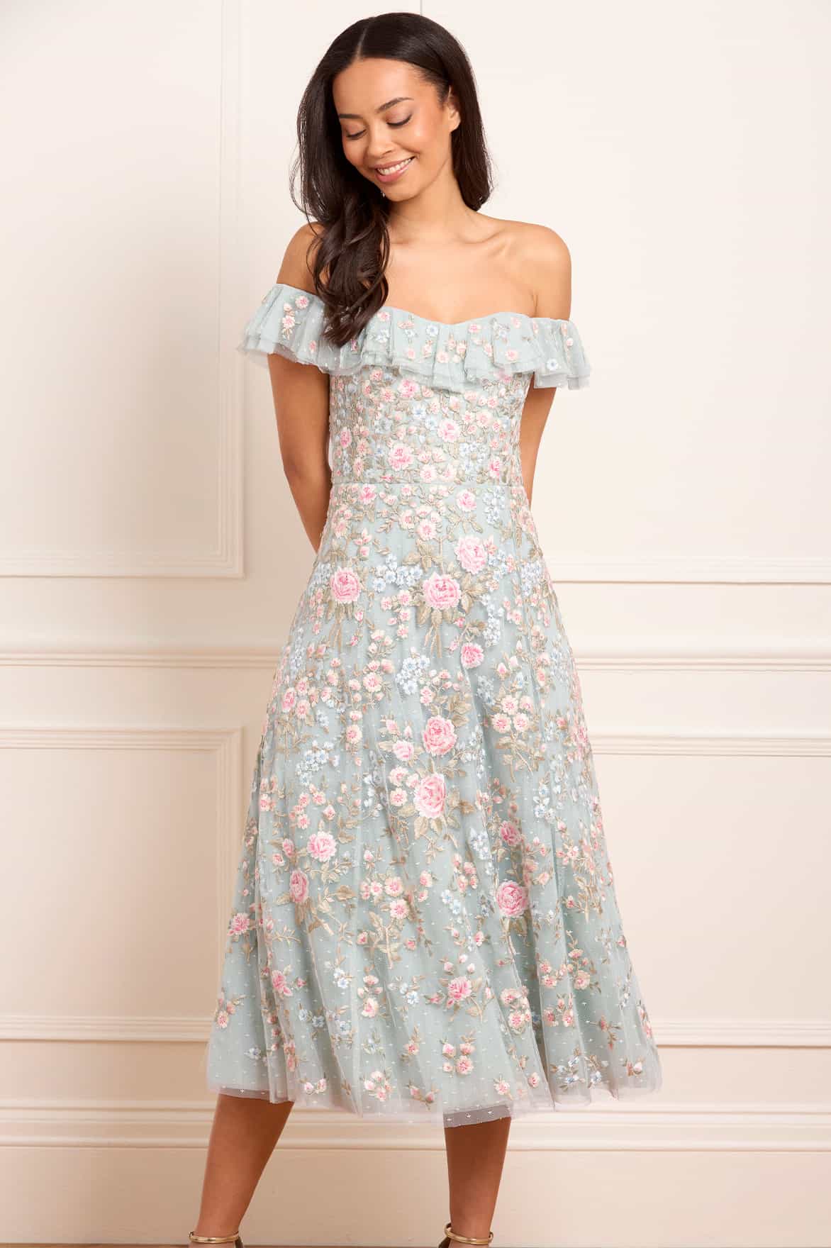 Antoinettes Floral Off-Shoulder Ballerina Dress Antoinettes Floral Off-Shoulder Ballerina Dress