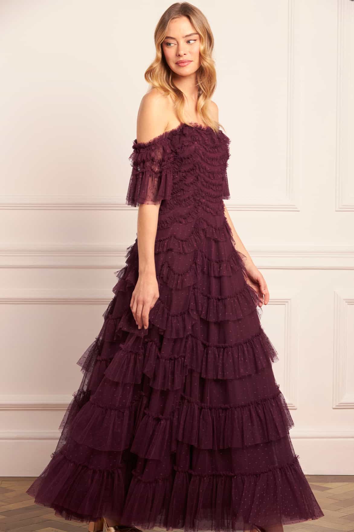 burgundy off the shoulder dress Aviana Off-Shoulder Gown – Purple
