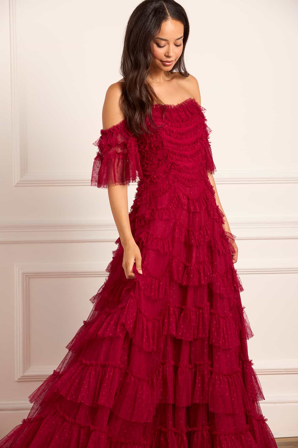 needle thread red dress Genevieve Ruffle Gown Red