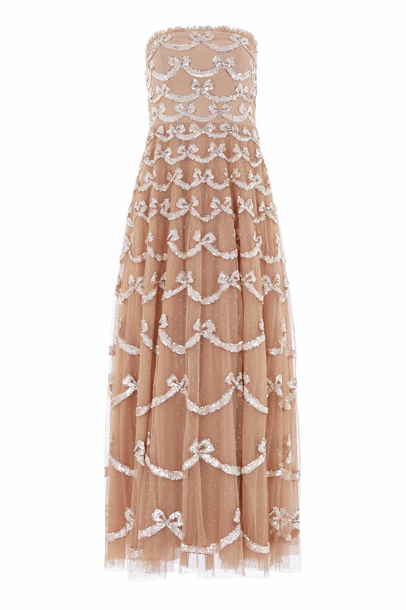 Bow Sequin Strapless Gown – Beige | Needle & Thread