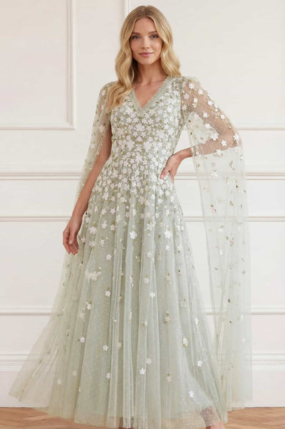 Camellia Ditsy Cape Sleeve Ankle Gown