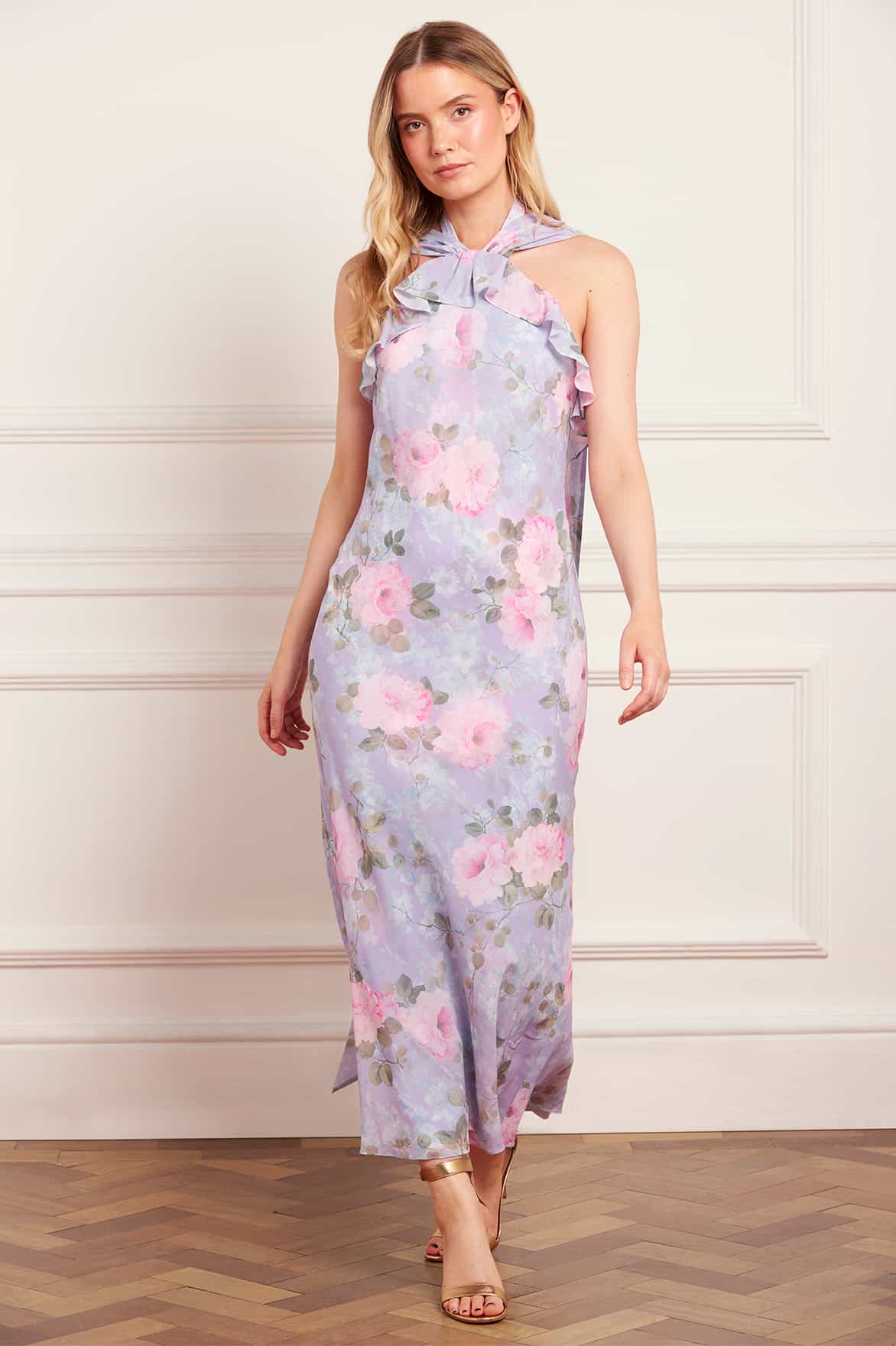 Camille's Garden Chiffon Halter-Neck Ankle Gown Purple | Needle & Thread Camille's Garden Chiffon Halter-Neck Ankle Gown Purple | Needle & Thread