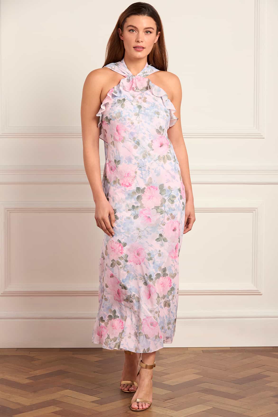 floral chiffon halter dress Pink Halter A Line Floral Chiffon Ruffled Formal Prom Dresses With Beading Pink / 00