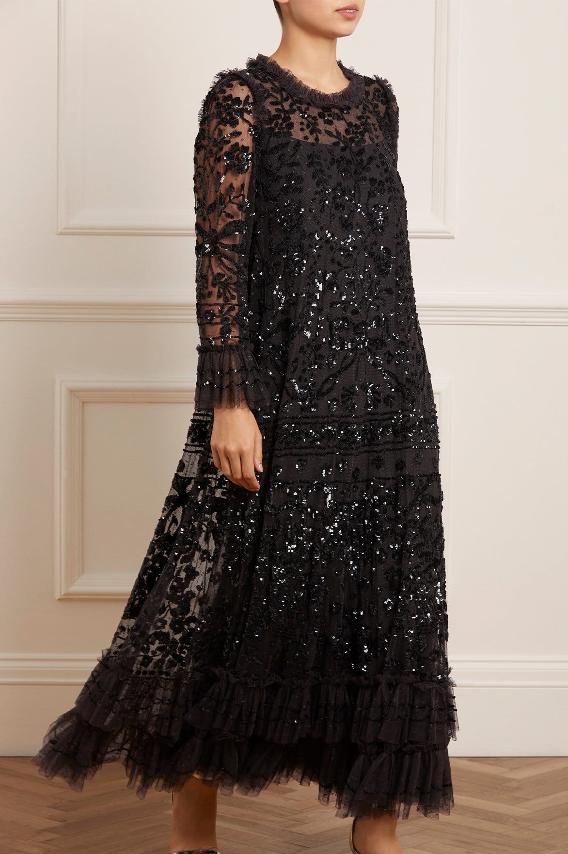 Celia Long Sleeve Ankle Gown – Black