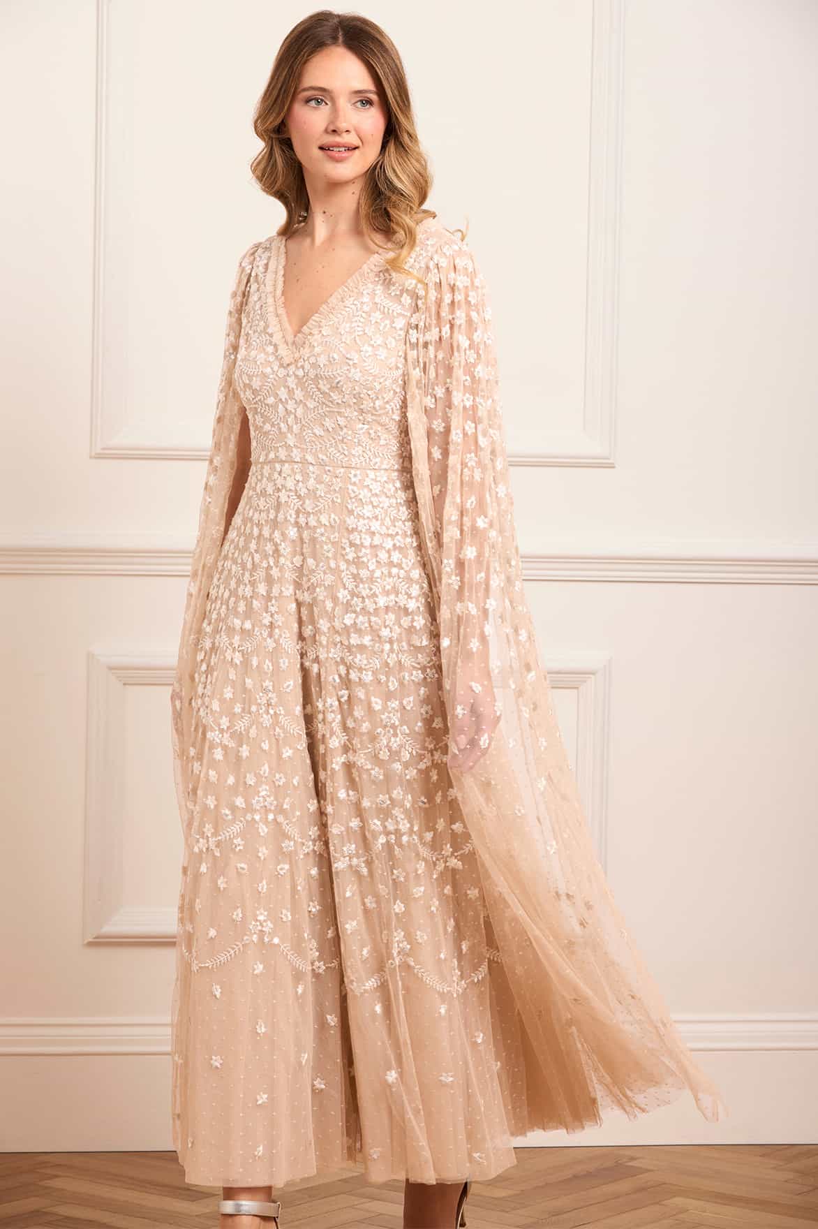 Clover Cape Sleeve Ankle Gown – Beige Clover Cape Sleeve Ankle Gown – Beige