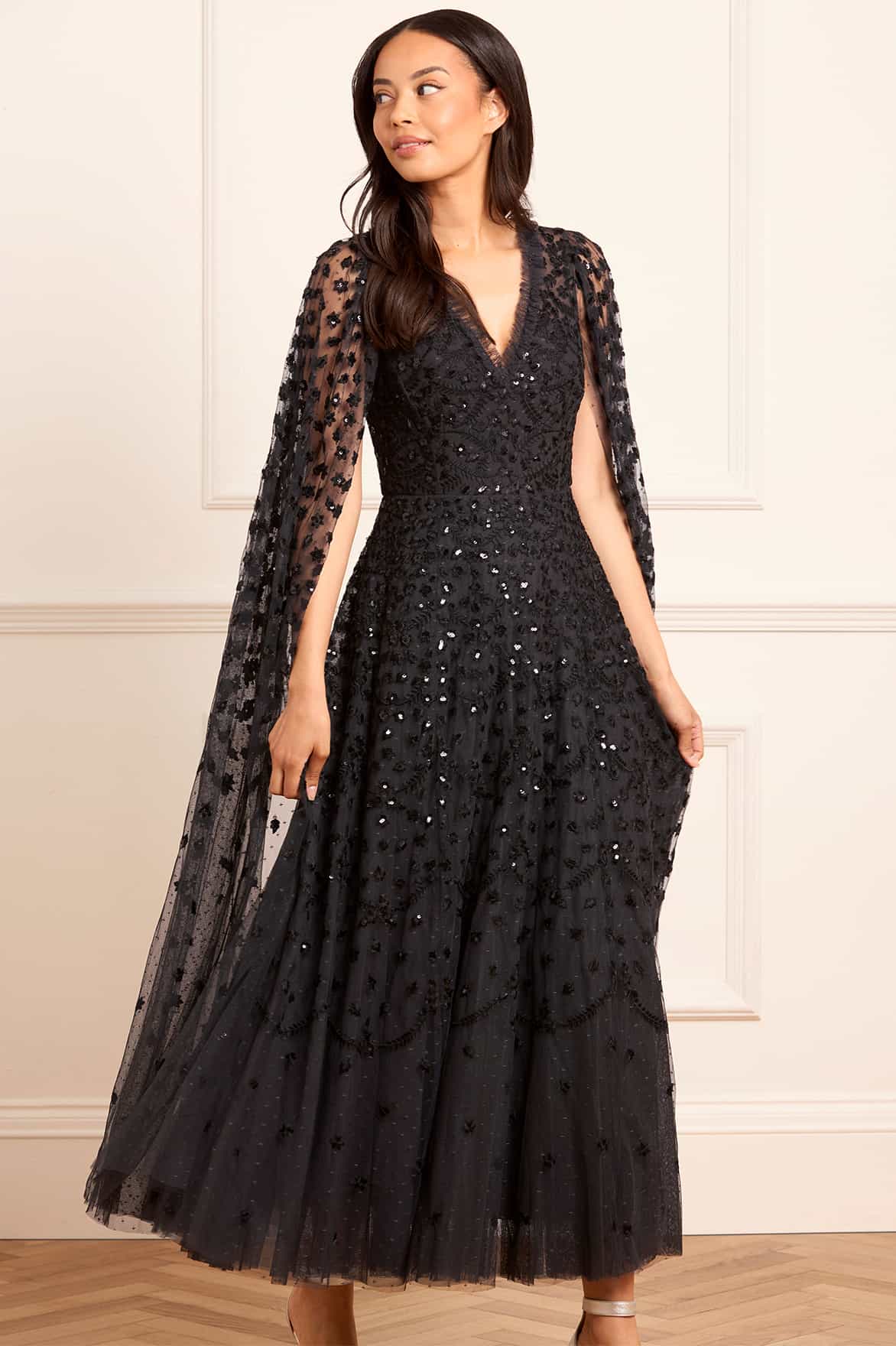 Clover Cape Sleeve Ankle Gown Black | Needle & Thread Clover Cape Sleeve Ankle Gown Black | Needle & Thread