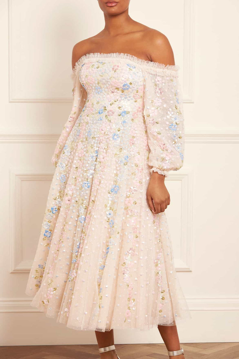 Confetti Gloss Off-Shoulder Ballerina Dress – Champagne | Needle & Thread