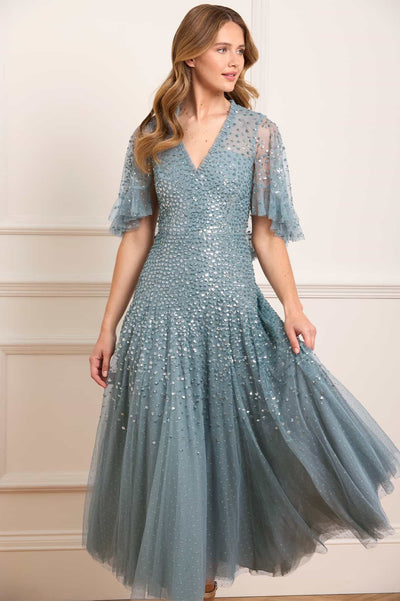 Dappled Sequin Cape Ankle Gown