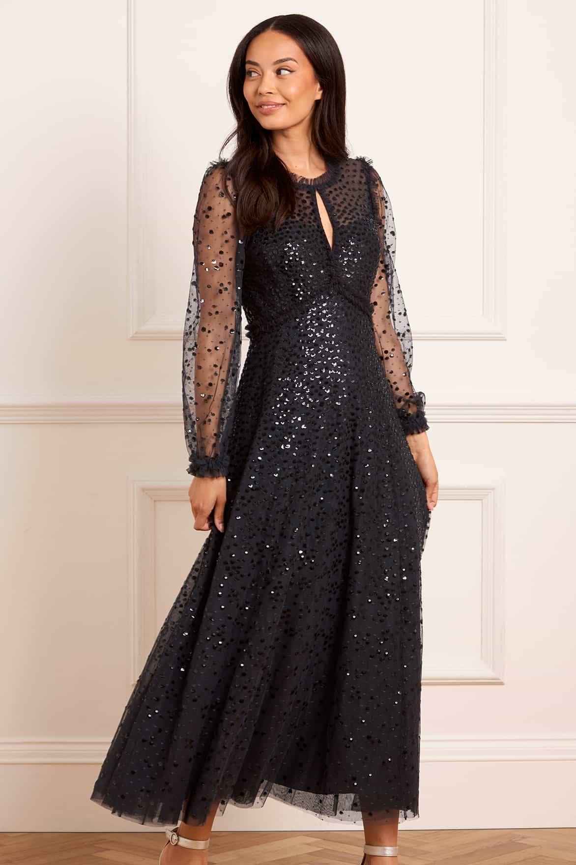 Dappled Sequin Long Sleeve Ankle Gown – Black