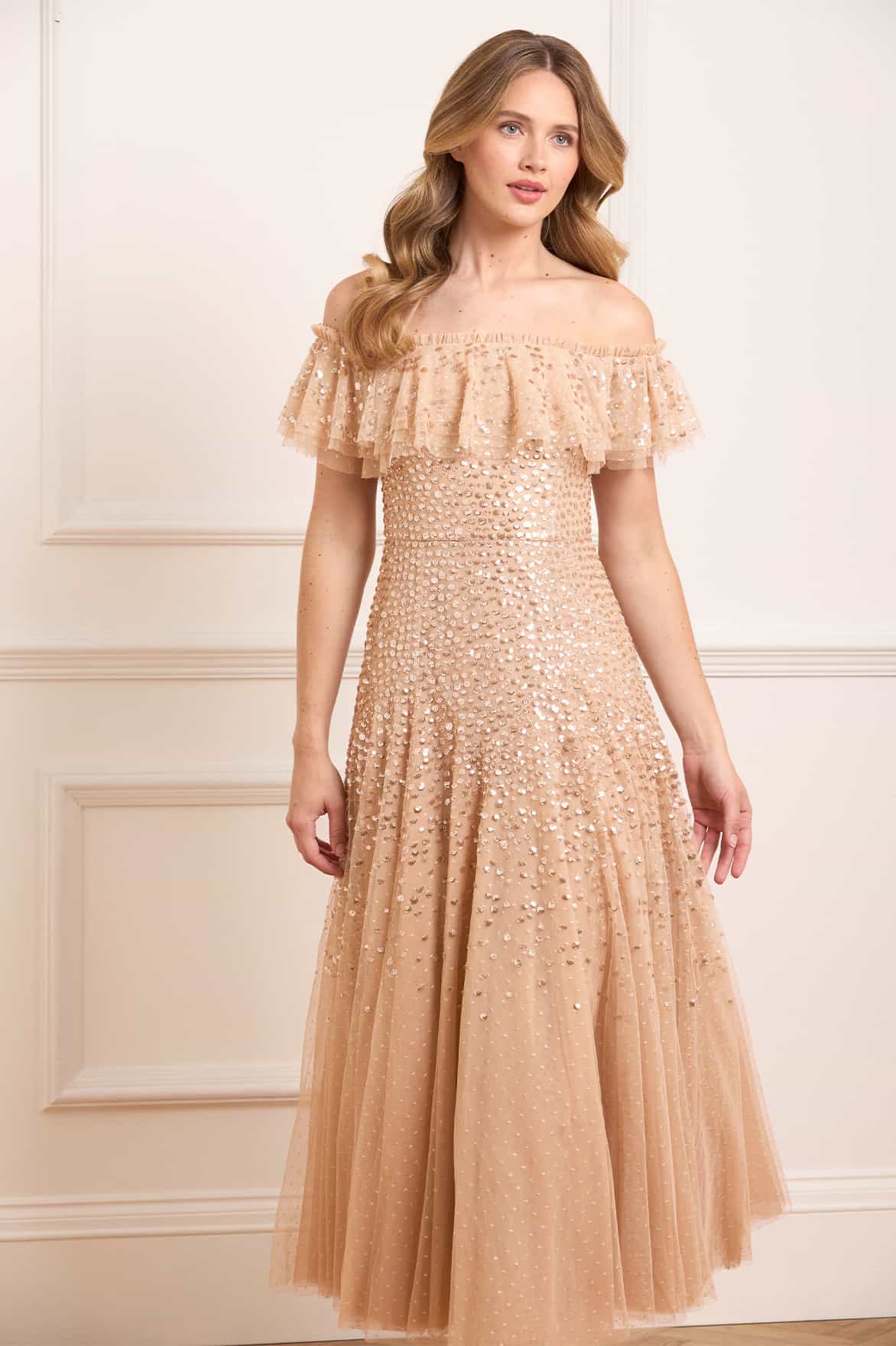 Dappled Sequin Off-Shoulder Ankle Gown Beige | Needle & Thread Dappled Sequin Off-Shoulder Ankle Gown Beige | Needle & Thread