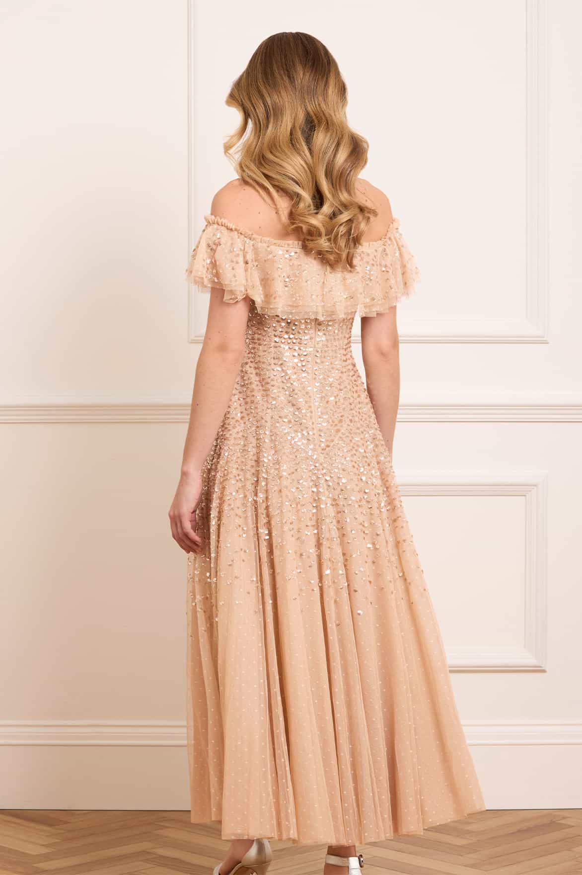 Dappled Sequin Off-Shoulder Ankle Gown Beige | Needle & Thread Dappled Sequin Off-Shoulder Ankle Gown Beige | Needle & Thread