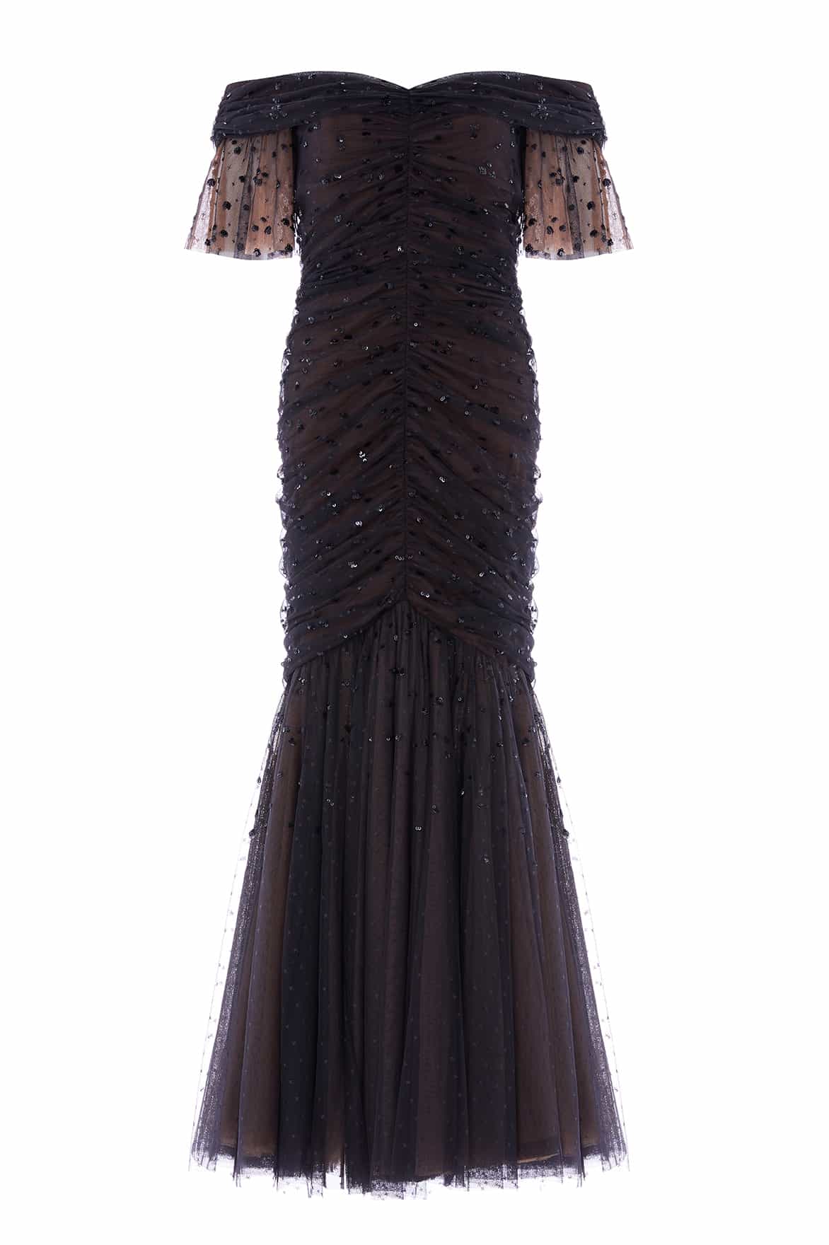 Dappled Sequin Rouched Off-Shoulder Gown Black | Needle & Thread Dappled Sequin Rouched Off-Shoulder Gown Black | Needle & Thread