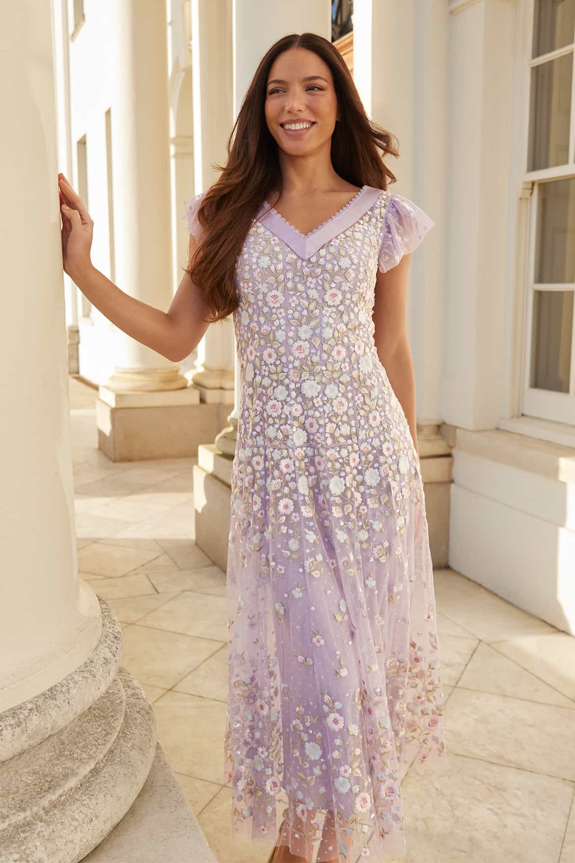 Ethereal Blooms Short Sleeve Ankle Gown Purple | Needle & Thread Ethereal Blooms Short Sleeve Ankle Gown Purple | Needle & Thread