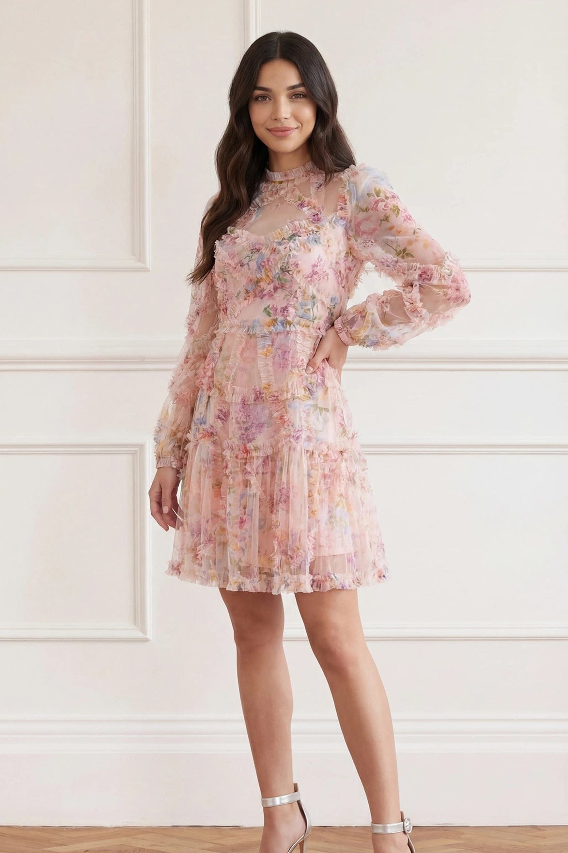 Floral Diamond Ruffle Dress – Multi