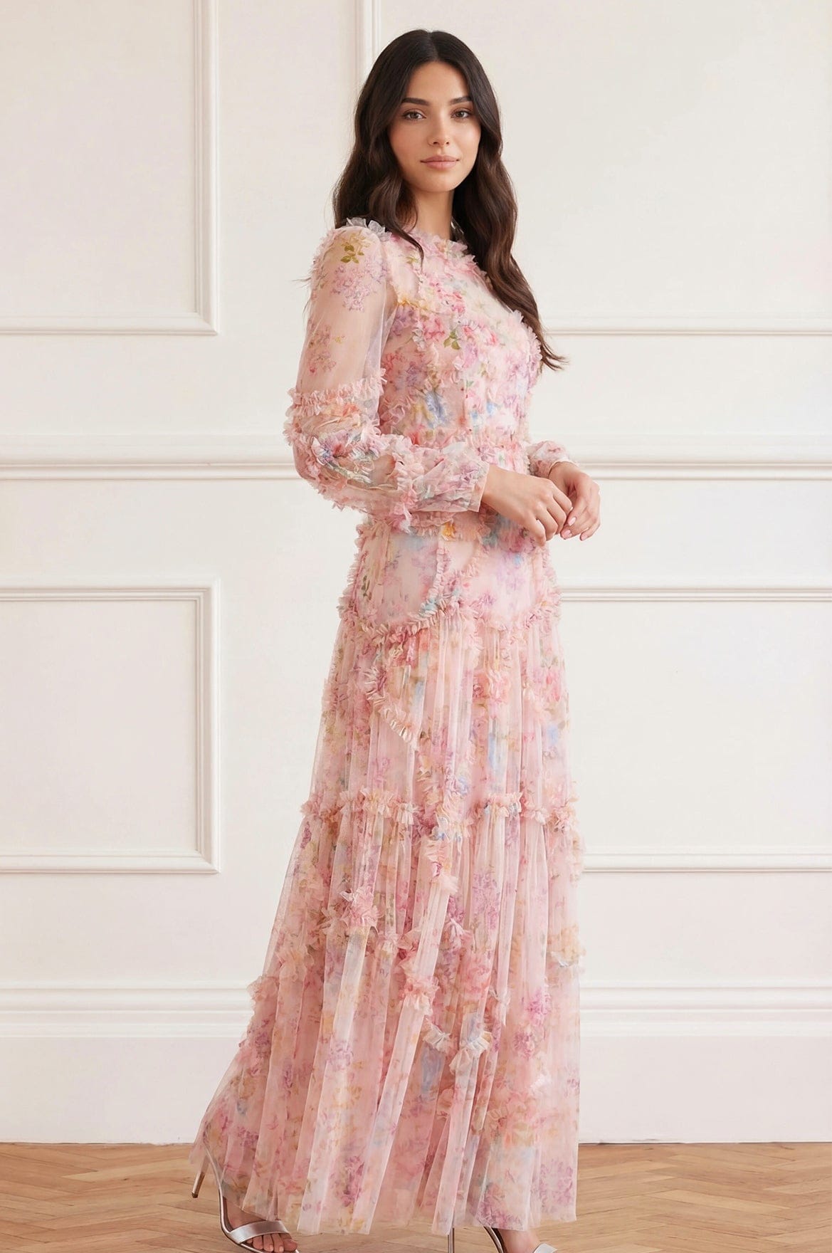 Floral Diamond Ruffle Gown Multi | Needle & Thread Floral Diamond Ruffle Gown Multi | Needle & Thread