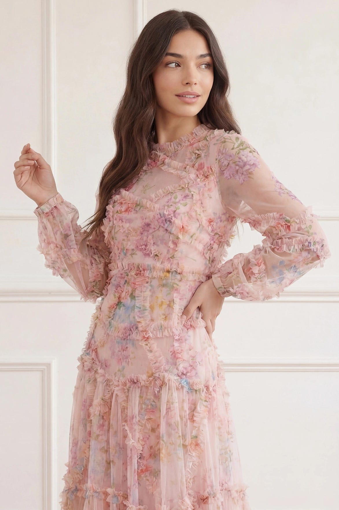 Floral Diamond Ruffle Gown Multi | Needle & Thread Floral Diamond Ruffle Gown Multi | Needle & Thread