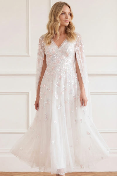 Freesia Shimmer Cape Sleeve Ankle Gown