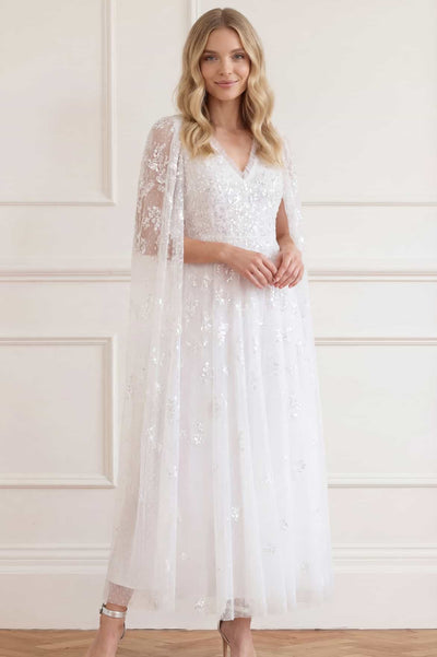 Freesia Shimmer Cape Sleeve Ankle Gown